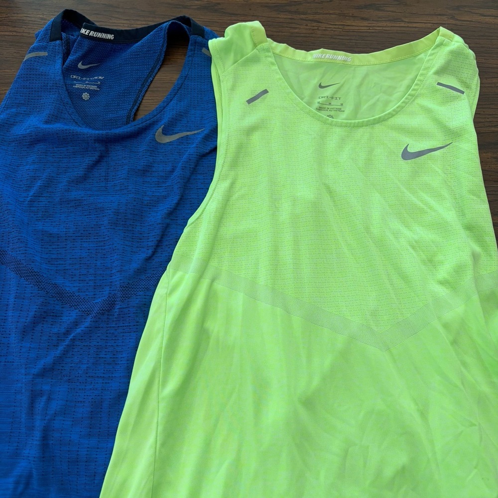Lot If 2 Nike Running Dri-Fit ADV Singlets Tank Tops Blue Bolt Green Mens M